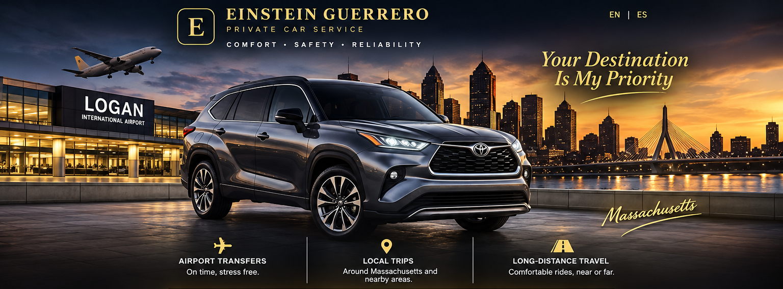 Einstein Guerrero Private Car Service — Toyota Highlander, Logan Airport and Boston skyline